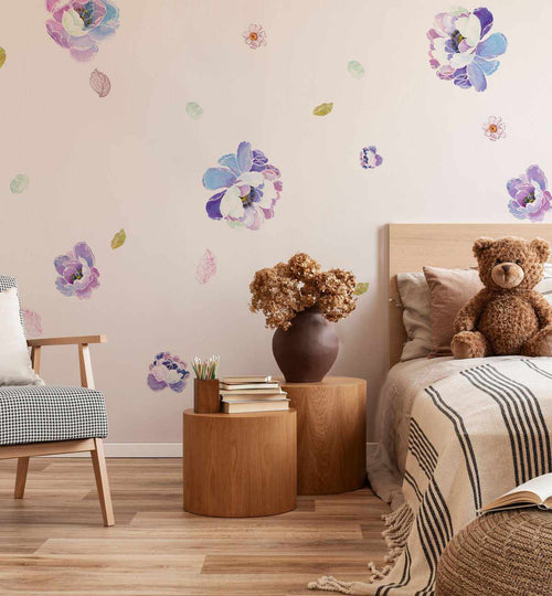 Sweet Lilac Peony Flower Removable Decal Set-Decals-Olive et Oriel-Decorate your kids bedroom wall decor with removable wall decals, these fabric kids decals are a great way to add colour and update your children's bedroom. Available as girls wall decals or boys wall decals, there are also nursery decals.