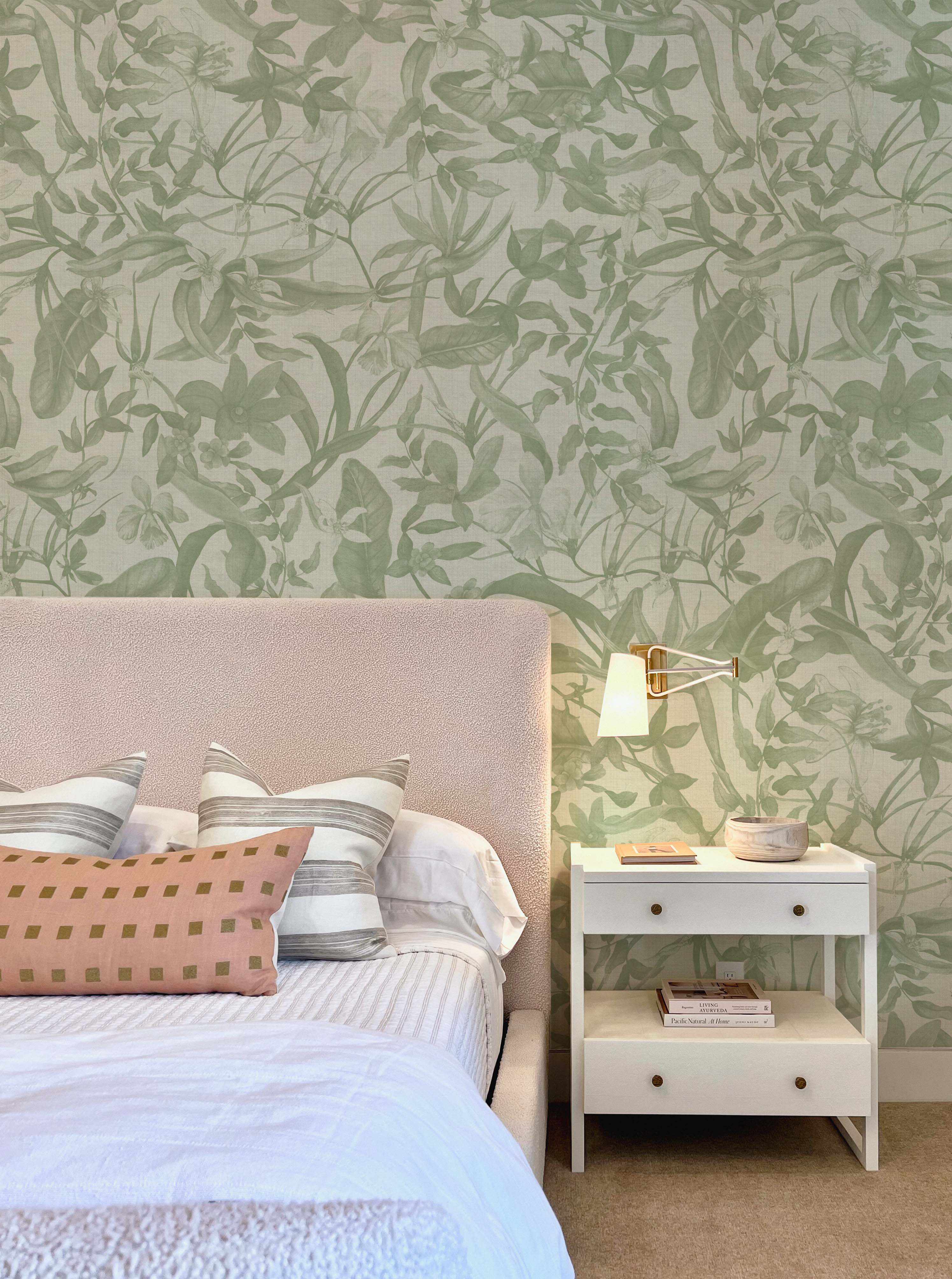 Tropical Bloom in Sage Green Wallpaper-Wallpaper-Buy Australian Removable Wallpaper Now Sage Green Wallpaper Peel And Stick Wallpaper Online At Olive et Oriel Custom Made Wallpapers Wall Papers Decorate Your Bedroom Living Room Kids Room or Commercial Interior