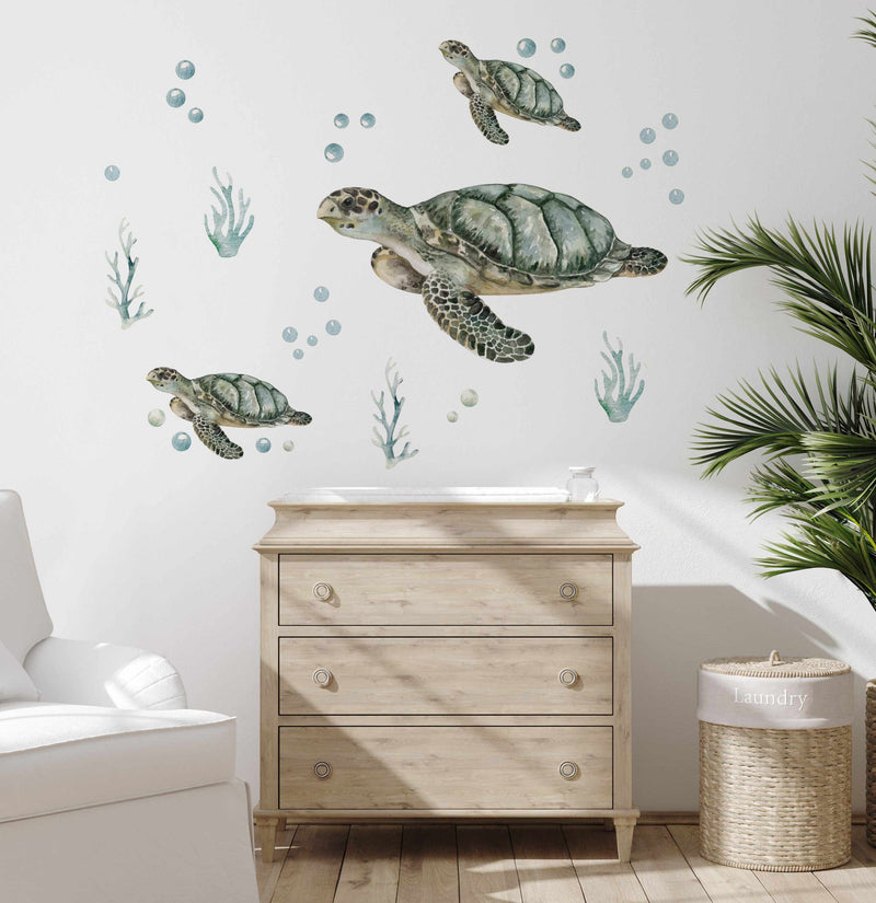 Turtles and Bubbles Decal Set-Decals-Olive et Oriel-Decorate your kids bedroom wall decor with removable wall decals, these fabric kids decals are a great way to add colour and update your children's bedroom. Available as girls wall decals or boys wall decals, there are also nursery decals.