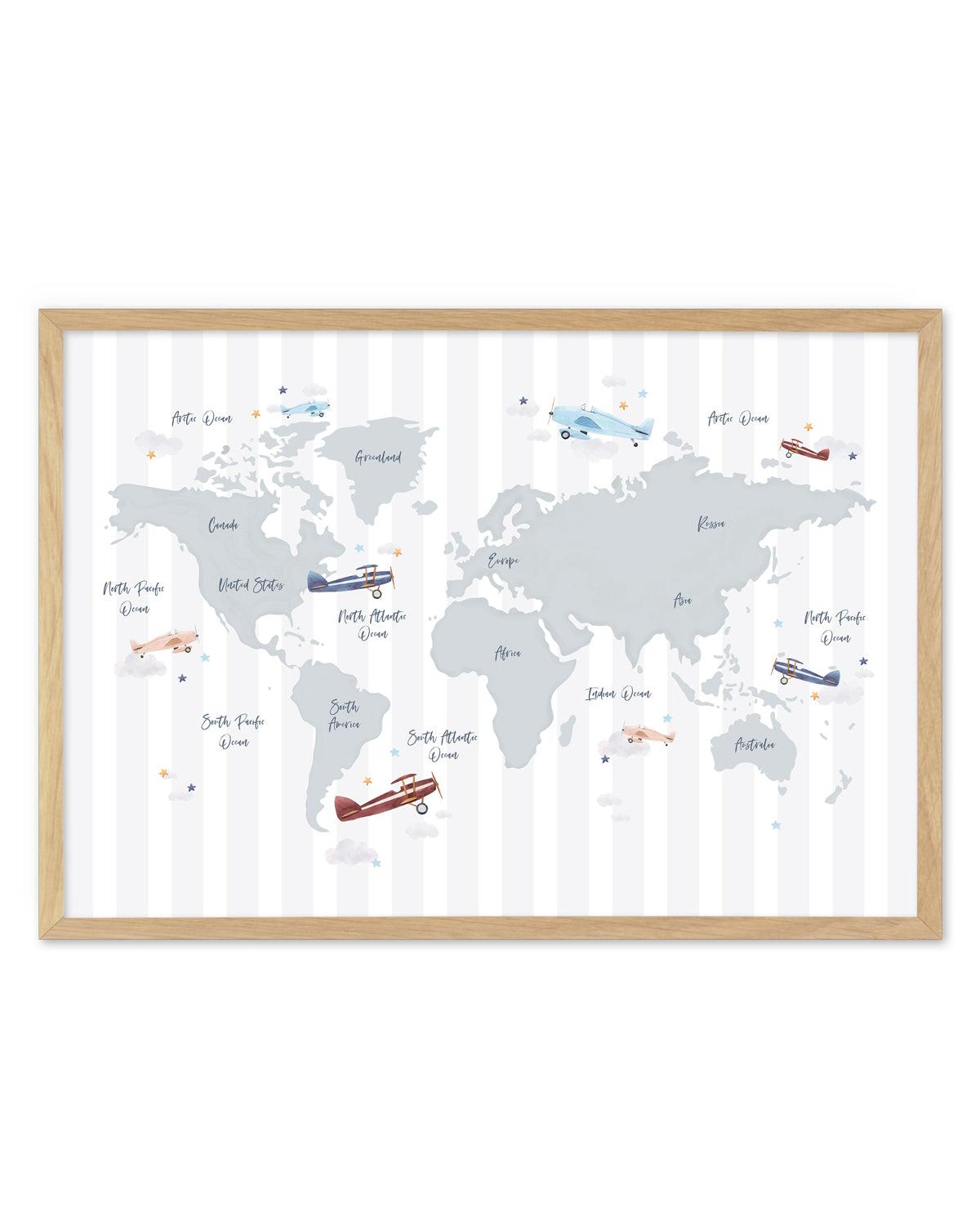 Up in the Sky World Map Art Print-PRINT-Olive et Oriel-Olive et Oriel-A5 | 5.8" x 8.3" | 14.8 x 21cm-Oak-With White Border-Buy-Australian-Art-Prints-Online-with-Olive-et-Oriel-Your-Artwork-Specialists-Austrailia-Decorate-With-Coastal-Photo-Wall-Art-Prints-From-Our-Beach-House-Artwork-Collection-Fine-Poster-and-Framed-Artwork