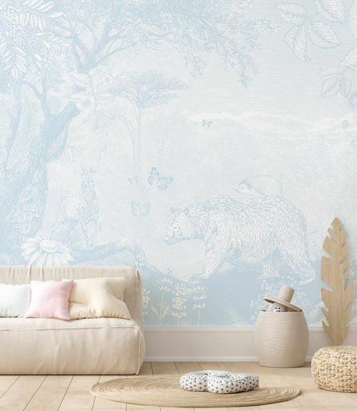 Vintage Animal Forest in Powder Blue Wallpaper Mural - Olive et Oriel