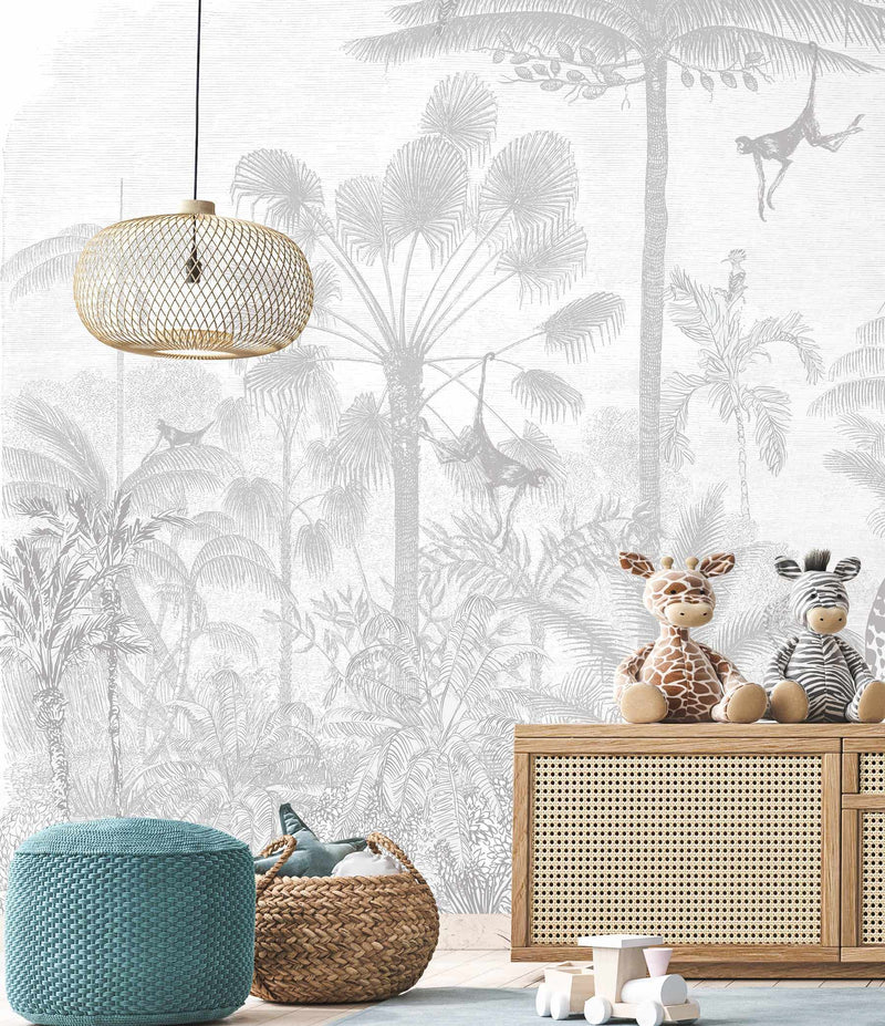 Vintage Jungle in Mist Wallpaper Mural-Wallpaper-Buy Kids Removable Wallpaper Online Our Custom Made Children√¢‚Ç¨‚Ñ¢s Wallpapers Are A Fun Way To Decorate And Enhance Boys Bedroom Decor And Girls Bedrooms They Are An Amazing Addition To Your Kids Bedroom Walls Our Collection of Kids Wallpaper Is Sure To Transform Your Kids Rooms Interior Style From Pink Wallpaper To Dinosaur Wallpaper Even Marble Wallpapers For Teen Boys Shop Peel And Stick Wallpaper Online Today With Olive et Oriel