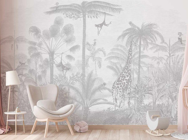 Vintage Jungle in Mist Wallpaper Mural-Wallpaper-Buy Kids Removable Wallpaper Online Our Custom Made Children√¢‚Ç¨‚Ñ¢s Wallpapers Are A Fun Way To Decorate And Enhance Boys Bedroom Decor And Girls Bedrooms They Are An Amazing Addition To Your Kids Bedroom Walls Our Collection of Kids Wallpaper Is Sure To Transform Your Kids Rooms Interior Style From Pink Wallpaper To Dinosaur Wallpaper Even Marble Wallpapers For Teen Boys Shop Peel And Stick Wallpaper Online Today With Olive et Oriel