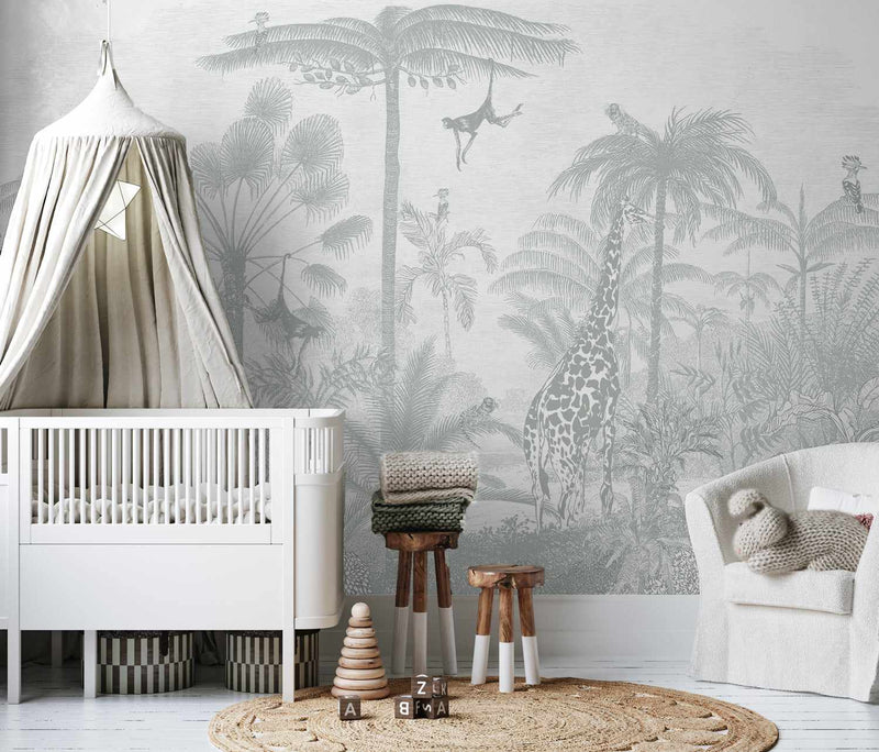 Vintage Jungle in Soft Sage Wallpaper Mural-Wallpaper-Buy Kids Removable Wallpaper Online Our Custom Made Children√¢‚Ç¨‚Ñ¢s Wallpapers Are A Fun Way To Decorate And Enhance Boys Bedroom Decor And Girls Bedrooms They Are An Amazing Addition To Your Kids Bedroom Walls Our Collection of Kids Wallpaper Is Sure To Transform Your Kids Rooms Interior Style From Pink Wallpaper To Dinosaur Wallpaper Even Marble Wallpapers For Teen Boys Shop Peel And Stick Wallpaper Online Today With Olive et Oriel