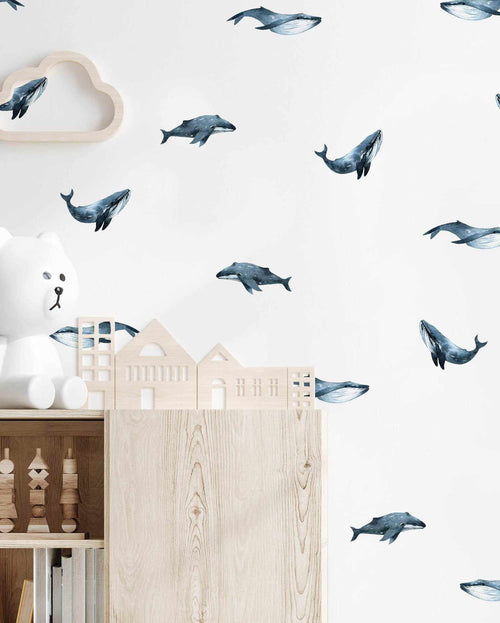 Watercolour Whales Decal Set-Decals-Olive et Oriel-Decorate your kids bedroom wall decor with removable wall decals, these fabric kids decals are a great way to add colour and update your children's bedroom. Available as girls wall decals or boys wall decals, there are also nursery decals.