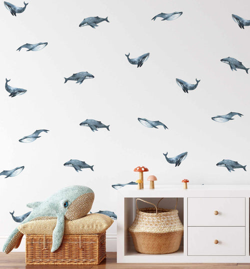 Watercolour Whales Decal Set-Decals-Olive et Oriel-Decorate your kids bedroom wall decor with removable wall decals, these fabric kids decals are a great way to add colour and update your children's bedroom. Available as girls wall decals or boys wall decals, there are also nursery decals.