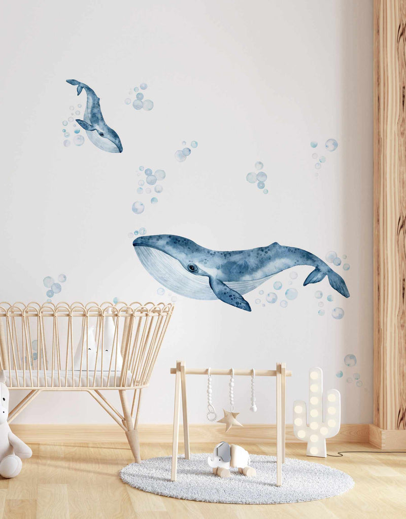 Whales & Bubbles Decal Set-Decals-Olive et Oriel-Decorate your kids bedroom wall decor with removable wall decals, these fabric kids decals are a great way to add colour and update your children's bedroom. Available as girls wall decals or boys wall decals, there are also nursery decals.