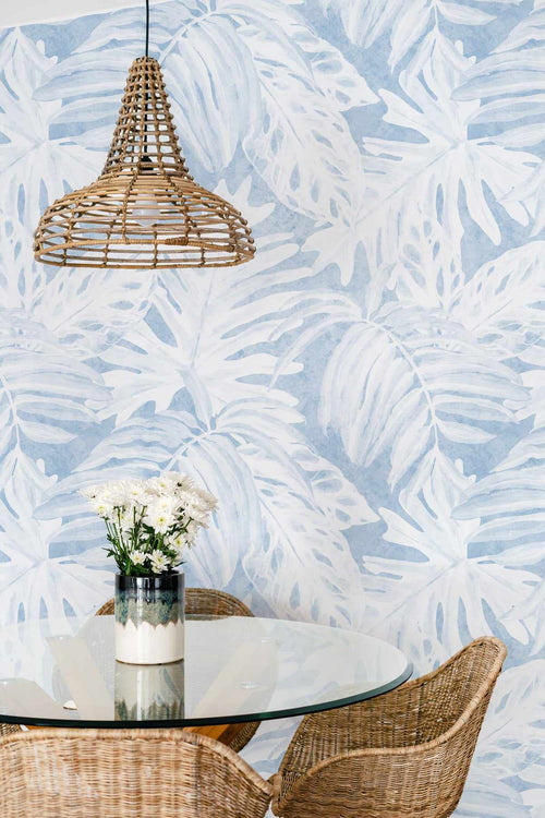 White Luxe Palm Wallpaper in Blue