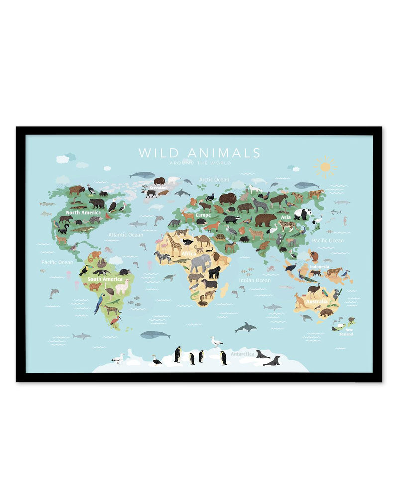Wild Animals World Map | Blue Art Print-PRINT-Olive et Oriel-Olive et Oriel-A5 | 5.8" x 8.3" | 14.8 x 21cm-Black-With White Border-Buy-Australian-Art-Prints-Online-with-Olive-et-Oriel-Your-Artwork-Specialists-Austrailia-Decorate-With-Coastal-Photo-Wall-Art-Prints-From-Our-Beach-House-Artwork-Collection-Fine-Poster-and-Framed-Artwork