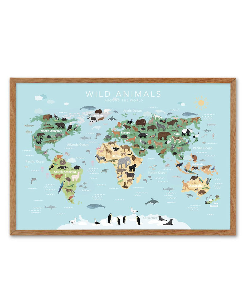 Wild Animals World Map | Blue Art Print-PRINT-Olive et Oriel-Olive et Oriel-50x70 cm | 19.6" x 27.5"-Walnut-With White Border-Buy-Australian-Art-Prints-Online-with-Olive-et-Oriel-Your-Artwork-Specialists-Austrailia-Decorate-With-Coastal-Photo-Wall-Art-Prints-From-Our-Beach-House-Artwork-Collection-Fine-Poster-and-Framed-Artwork