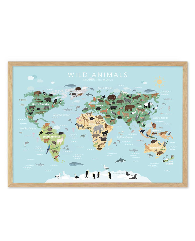 Wild Animals World Map | Blue Art Print-PRINT-Olive et Oriel-Olive et Oriel-A5 | 5.8" x 8.3" | 14.8 x 21cm-Oak-With White Border-Buy-Australian-Art-Prints-Online-with-Olive-et-Oriel-Your-Artwork-Specialists-Austrailia-Decorate-With-Coastal-Photo-Wall-Art-Prints-From-Our-Beach-House-Artwork-Collection-Fine-Poster-and-Framed-Artwork