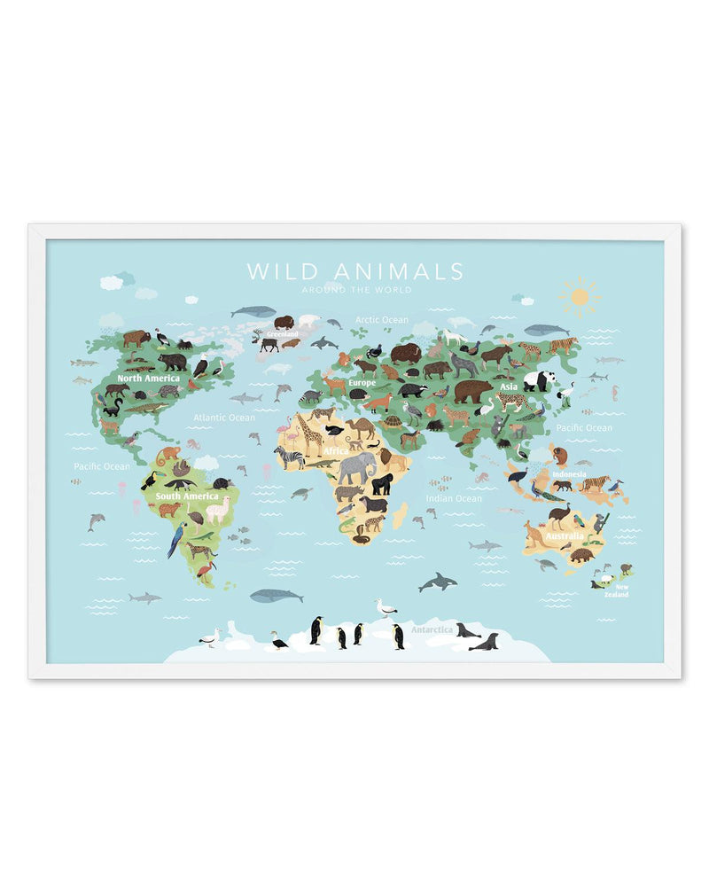Wild Animals World Map | Blue Art Print-PRINT-Olive et Oriel-Olive et Oriel-A5 | 5.8" x 8.3" | 14.8 x 21cm-White-With White Border-Buy-Australian-Art-Prints-Online-with-Olive-et-Oriel-Your-Artwork-Specialists-Austrailia-Decorate-With-Coastal-Photo-Wall-Art-Prints-From-Our-Beach-House-Artwork-Collection-Fine-Poster-and-Framed-Artwork