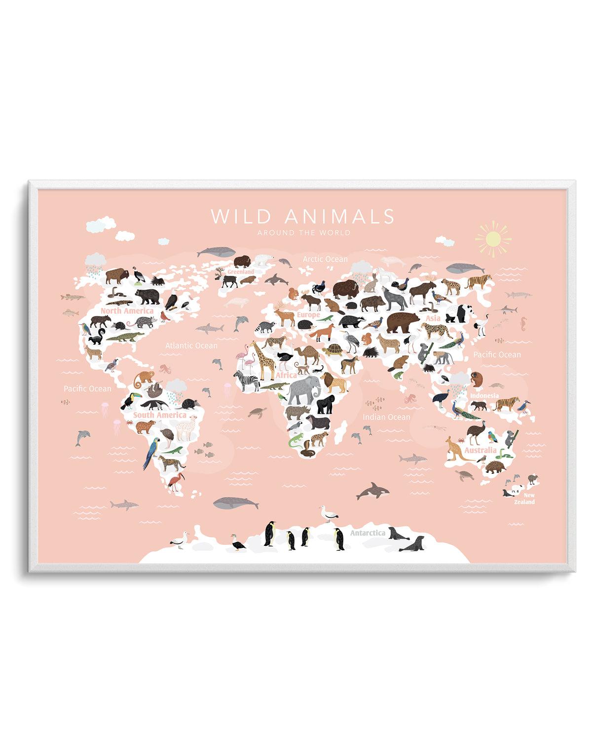 Wild Animals World Map | Peach Art Print-PRINT-Olive et Oriel-Olive et Oriel-A5 | 5.8" x 8.3" | 14.8 x 21cm-Unframed Art Print-With White Border-Buy-Australian-Art-Prints-Online-with-Olive-et-Oriel-Your-Artwork-Specialists-Austrailia-Decorate-With-Coastal-Photo-Wall-Art-Prints-From-Our-Beach-House-Artwork-Collection-Fine-Poster-and-Framed-Artwork