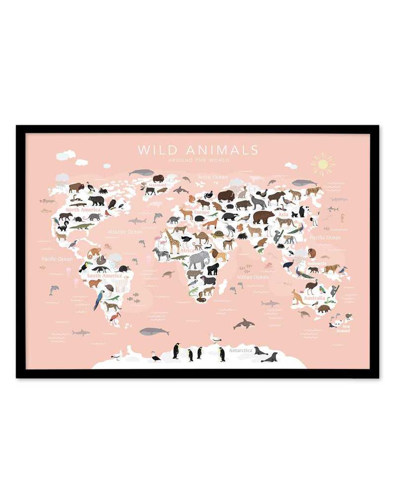 Wild Animals World Map | Peach Art Print-PRINT-Olive et Oriel-Olive et Oriel-A5 | 5.8" x 8.3" | 14.8 x 21cm-Black-With White Border-Buy-Australian-Art-Prints-Online-with-Olive-et-Oriel-Your-Artwork-Specialists-Austrailia-Decorate-With-Coastal-Photo-Wall-Art-Prints-From-Our-Beach-House-Artwork-Collection-Fine-Poster-and-Framed-Artwork