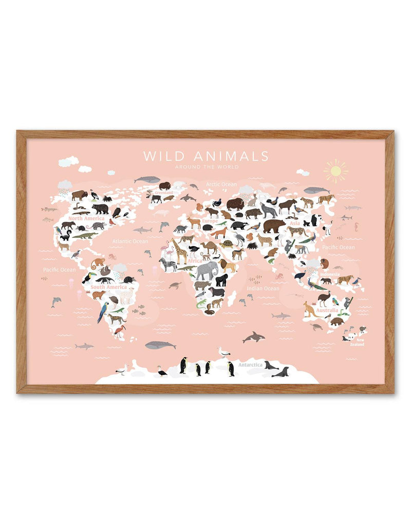 Wild Animals World Map | Peach Art Print-PRINT-Olive et Oriel-Olive et Oriel-50x70 cm | 19.6" x 27.5"-Walnut-With White Border-Buy-Australian-Art-Prints-Online-with-Olive-et-Oriel-Your-Artwork-Specialists-Austrailia-Decorate-With-Coastal-Photo-Wall-Art-Prints-From-Our-Beach-House-Artwork-Collection-Fine-Poster-and-Framed-Artwork