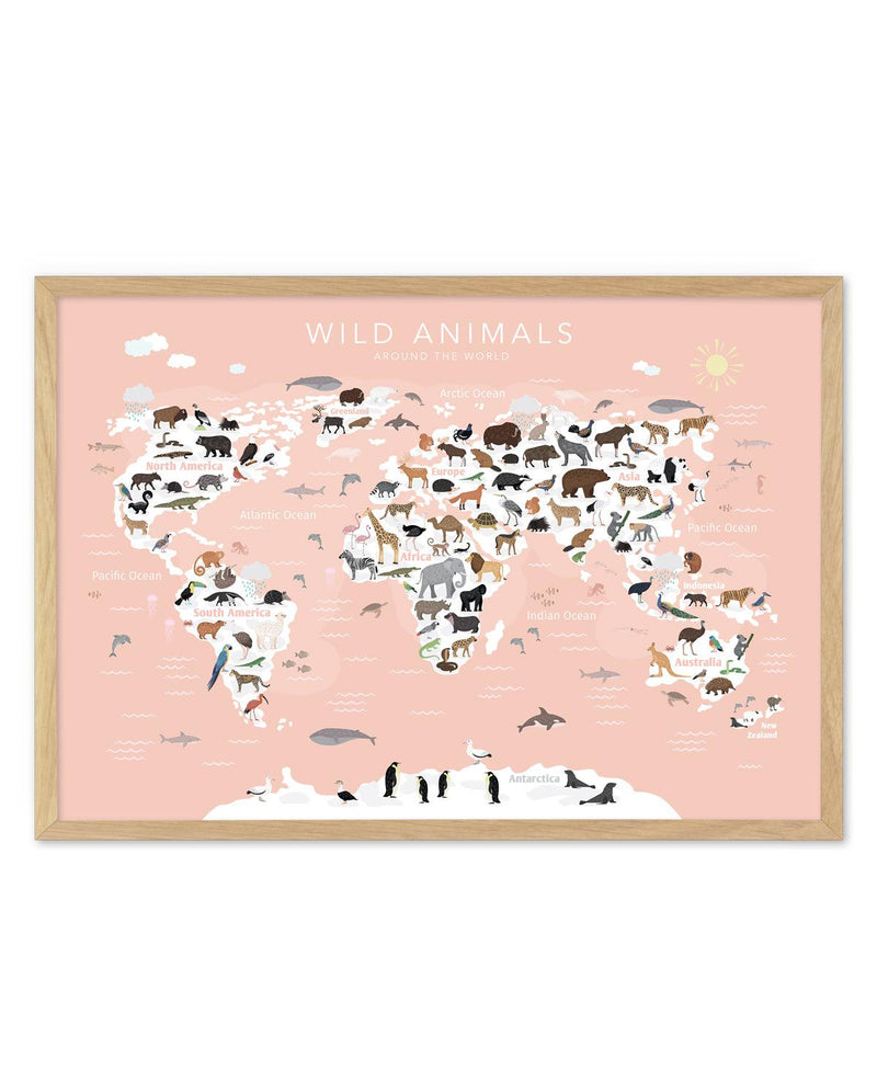 Wild Animals World Map | Peach Art Print-PRINT-Olive et Oriel-Olive et Oriel-A5 | 5.8" x 8.3" | 14.8 x 21cm-Oak-With White Border-Buy-Australian-Art-Prints-Online-with-Olive-et-Oriel-Your-Artwork-Specialists-Austrailia-Decorate-With-Coastal-Photo-Wall-Art-Prints-From-Our-Beach-House-Artwork-Collection-Fine-Poster-and-Framed-Artwork