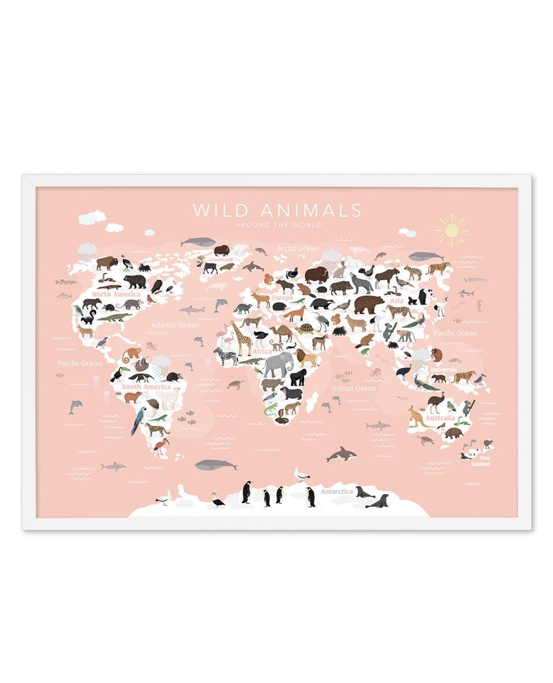 Wild Animals World Map | Peach Art Print-PRINT-Olive et Oriel-Olive et Oriel-A5 | 5.8" x 8.3" | 14.8 x 21cm-White-With White Border-Buy-Australian-Art-Prints-Online-with-Olive-et-Oriel-Your-Artwork-Specialists-Austrailia-Decorate-With-Coastal-Photo-Wall-Art-Prints-From-Our-Beach-House-Artwork-Collection-Fine-Poster-and-Framed-Artwork