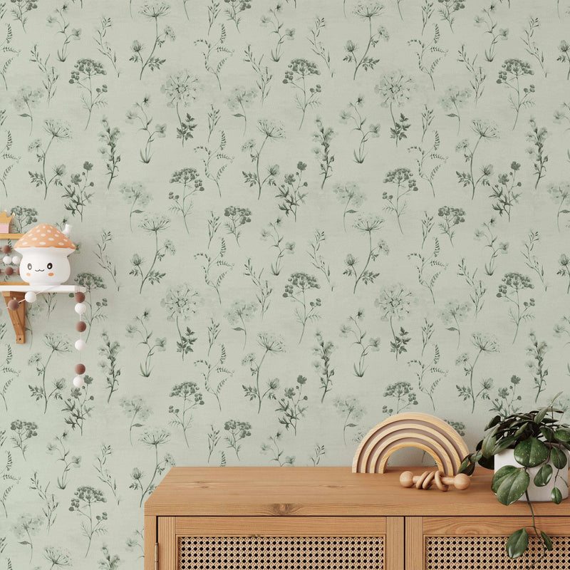 Wild Flowers In Sage Green Wallpaper-Wallpaper-Buy Australian Removable Wallpaper Now Sage Green Wallpaper Peel And Stick Wallpaper Online At Olive et Oriel Custom Made Wallpapers Wall Papers Decorate Your Bedroom Living Room Kids Room or Commercial Interior