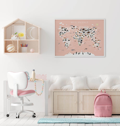 Wild Animals World Map | Peach Art Print-PRINT-Olive et Oriel-Olive et Oriel-Buy-Australian-Art-Prints-Online-with-Olive-et-Oriel-Your-Artwork-Specialists-Austrailia-Decorate-With-Coastal-Photo-Wall-Art-Prints-From-Our-Beach-House-Artwork-Collection-Fine-Poster-and-Framed-Artwork