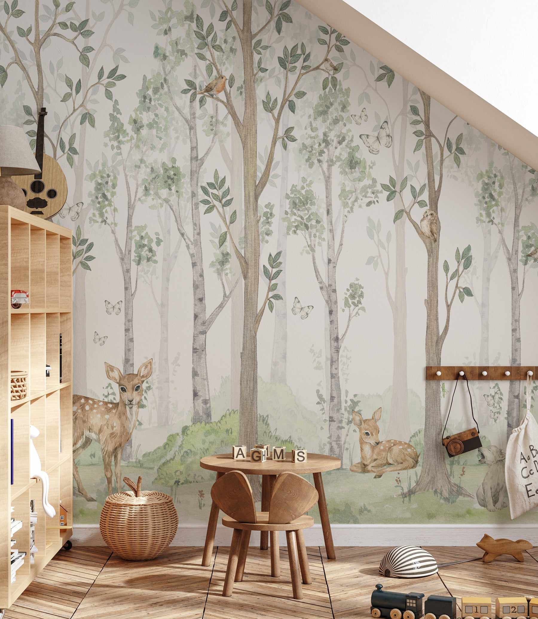 Woodland Creatures Pink White Wallpaper