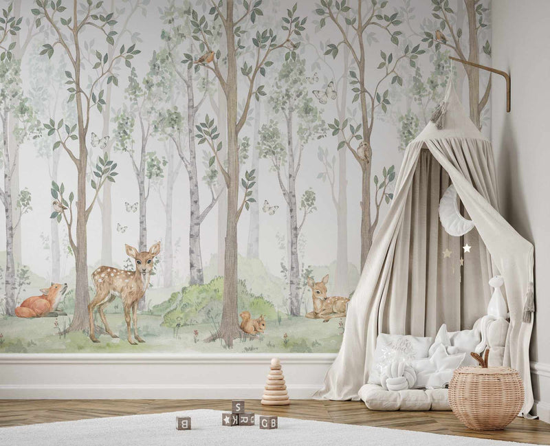 Woodland Forest Animals Wallpaper Mural-Wallpaper-Buy Kids Removable Wallpaper Online Our Custom Made Children‚àö¬¢‚Äö√á¬®‚Äö√ë¬¢s Wallpapers Are A Fun Way To Decorate And Enhance Boys Bedroom Decor And Girls Bedrooms They Are An Amazing Addition To Your Kids Bedroom Walls Our Collection of Kids Wallpaper Is Sure To Transform Your Kids Rooms Interior Style From Pink Wallpaper To Dinosaur Wallpaper Even Marble Wallpapers For Teen Boys Shop Peel And Stick Wallpaper Online Today With Olive et Oriel
