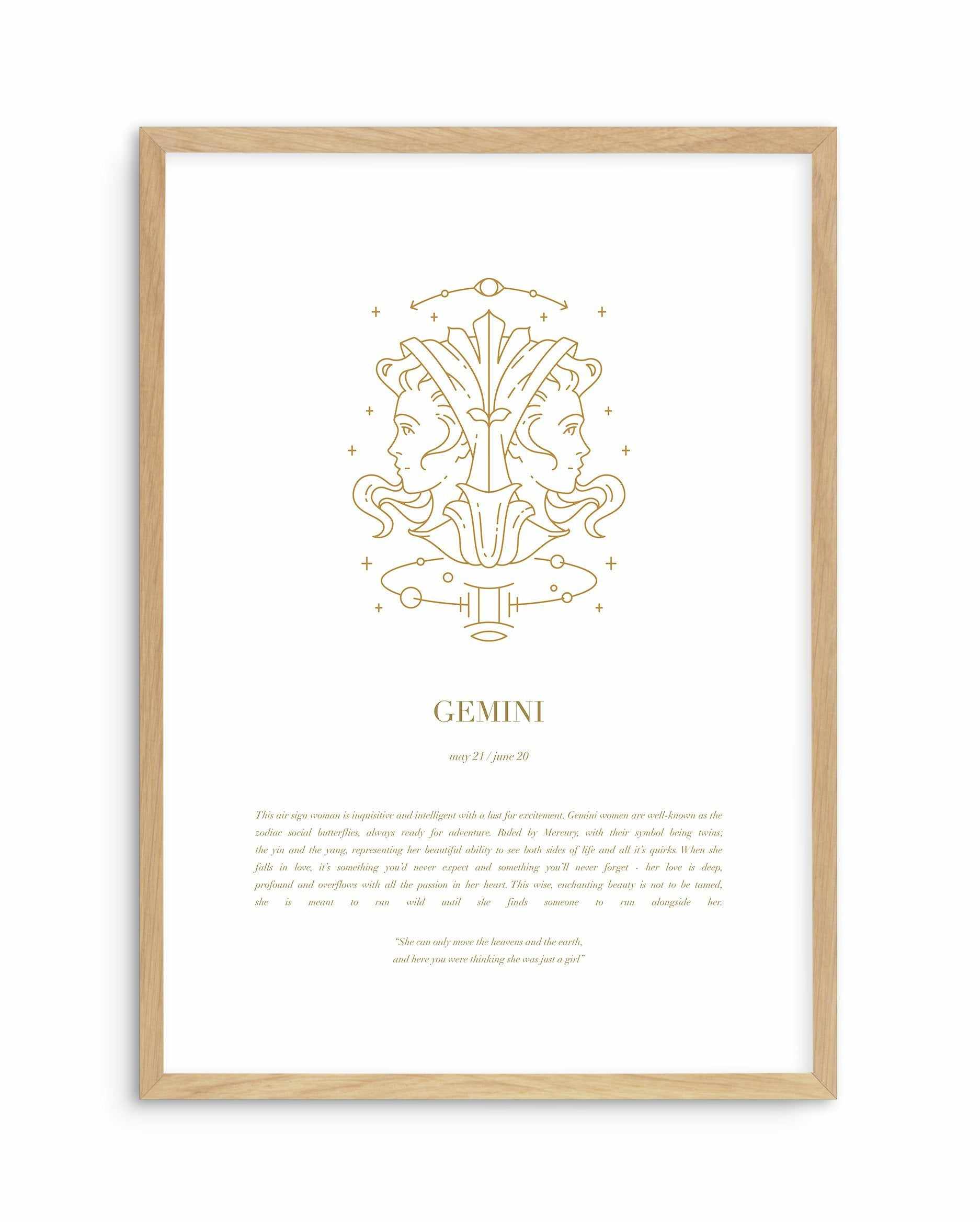 Gemini | Celestial Zodiac Art Print-PRINT-Olive et Oriel-Olive et Oriel-A4 | 8.3" x 11.7" | 21 x 29.7cm-Oak-With White Border-Buy-Australian-Art-Prints-Online-with-Olive-et-Oriel-Your-Artwork-Specialists-Austrailia-Decorate-With-Coastal-Photo-Wall-Art-Prints-From-Our-Beach-House-Artwork-Collection-Fine-Poster-and-Framed-Artwork