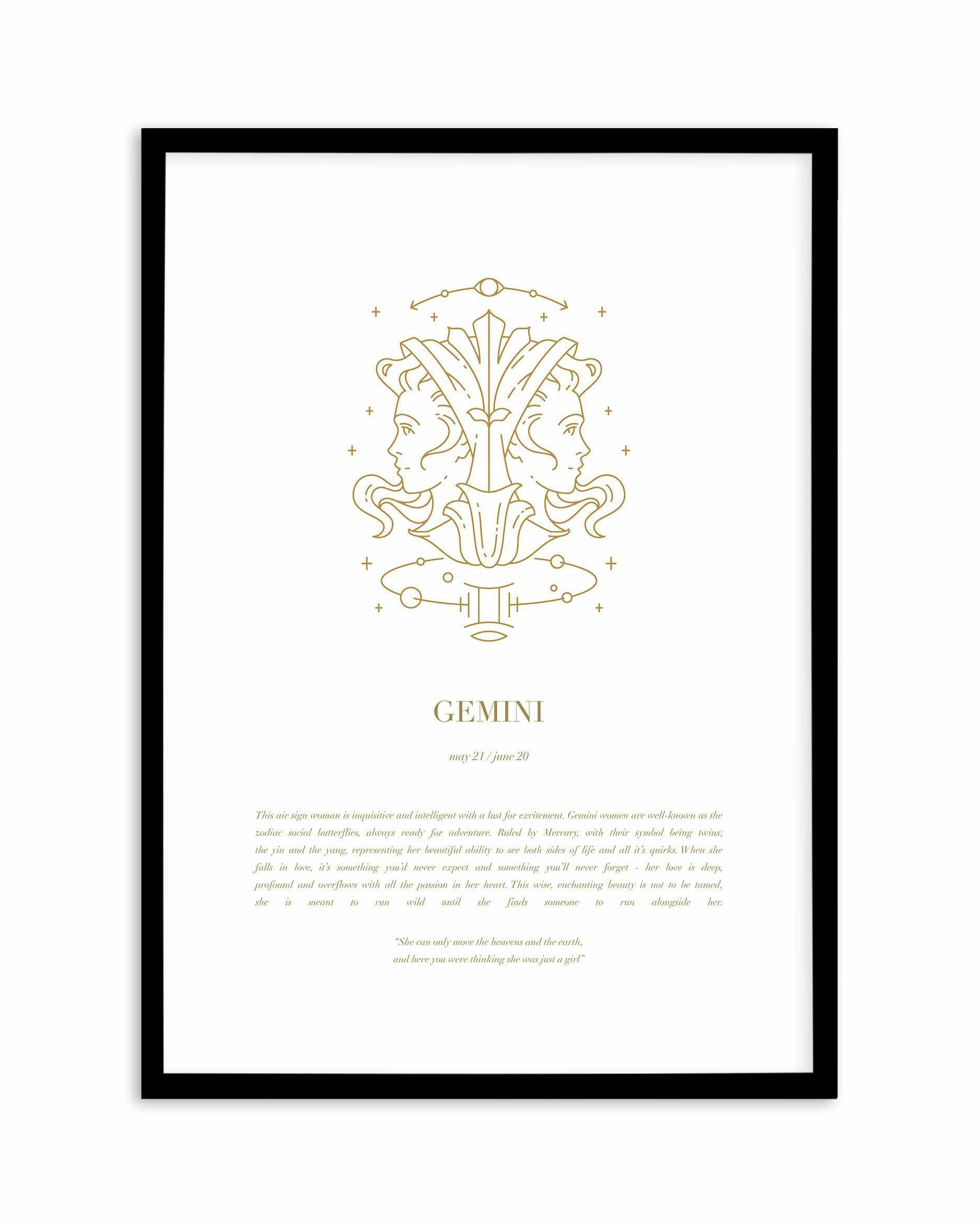 Gemini | Celestial Zodiac Art Print-PRINT-Olive et Oriel-Olive et Oriel-A4 | 8.3" x 11.7" | 21 x 29.7cm-Black-With White Border-Buy-Australian-Art-Prints-Online-with-Olive-et-Oriel-Your-Artwork-Specialists-Austrailia-Decorate-With-Coastal-Photo-Wall-Art-Prints-From-Our-Beach-House-Artwork-Collection-Fine-Poster-and-Framed-Artwork