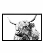 Highland Cow B&W Close-up Art Print-PRINT-Olive et Oriel-Olive et Oriel-A5 | 5.8" x 8.3" | 14.8 x 21cm-Black-With White Border-Buy-Australian-Art-Prints-Online-with-Olive-et-Oriel-Your-Artwork-Specialists-Austrailia-Decorate-With-Coastal-Photo-Wall-Art-Prints-From-Our-Beach-House-Artwork-Collection-Fine-Poster-and-Framed-Artwork