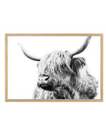Highland Cow B&W Close-up Art Print-PRINT-Olive et Oriel-Olive et Oriel-A5 | 5.8" x 8.3" | 14.8 x 21cm-Oak-With White Border-Buy-Australian-Art-Prints-Online-with-Olive-et-Oriel-Your-Artwork-Specialists-Austrailia-Decorate-With-Coastal-Photo-Wall-Art-Prints-From-Our-Beach-House-Artwork-Collection-Fine-Poster-and-Framed-Artwork