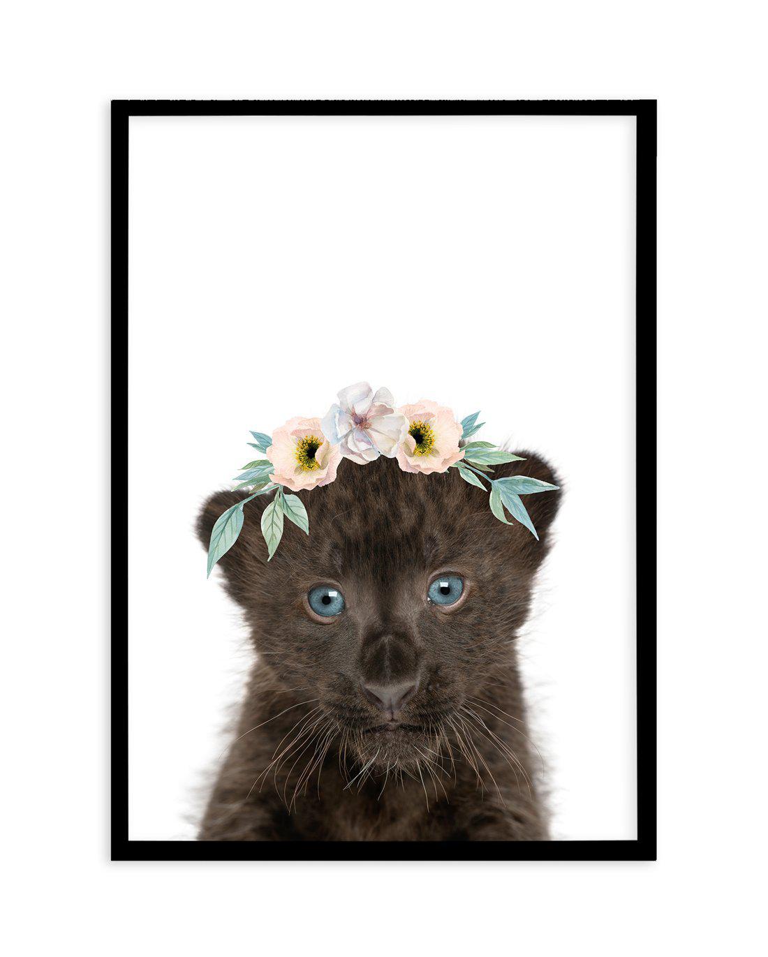 Little Black Leopard Cub | Flower Crown Art Print-PRINT-Olive et Oriel-Olive et Oriel-A5 | 5.8" x 8.3" | 14.8 x 21cm-Black-With White Border-Buy-Australian-Art-Prints-Online-with-Olive-et-Oriel-Your-Artwork-Specialists-Austrailia-Decorate-With-Coastal-Photo-Wall-Art-Prints-From-Our-Beach-House-Artwork-Collection-Fine-Poster-and-Framed-Artwork