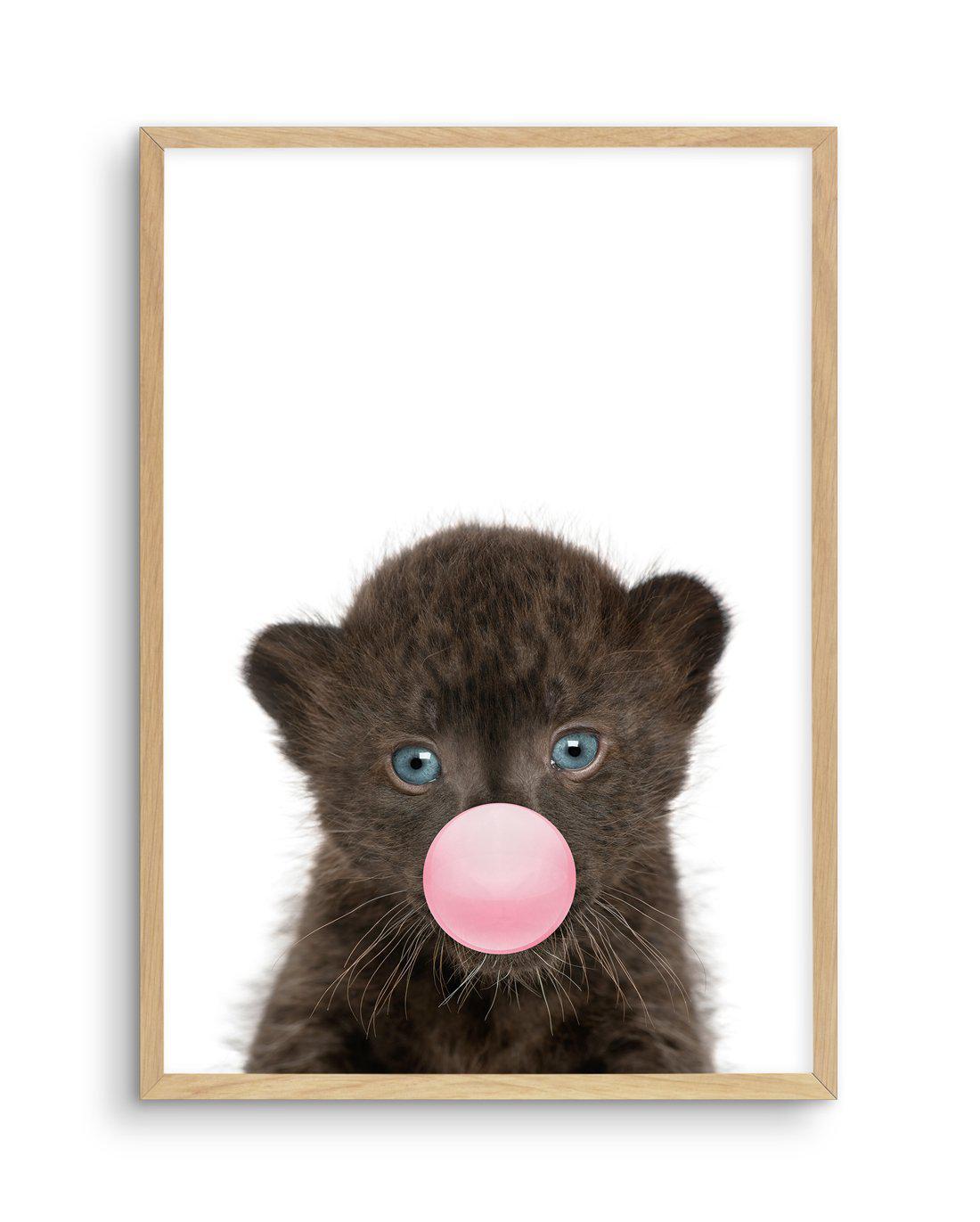 Little Black Leopard Cub | Blowing Pink Bubble Art Print-PRINT-Olive et Oriel-Olive et Oriel-A5 | 5.8" x 8.3" | 14.8 x 21cm-Oak-With White Border-Buy-Australian-Art-Prints-Online-with-Olive-et-Oriel-Your-Artwork-Specialists-Austrailia-Decorate-With-Coastal-Photo-Wall-Art-Prints-From-Our-Beach-House-Artwork-Collection-Fine-Poster-and-Framed-Artwork