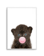 Little Black Leopard Cub | Blowing Pink Bubble Art Print-PRINT-Olive et Oriel-Olive et Oriel-A5 | 5.8" x 8.3" | 14.8 x 21cm-Unframed Art Print-With White Border-Buy-Australian-Art-Prints-Online-with-Olive-et-Oriel-Your-Artwork-Specialists-Austrailia-Decorate-With-Coastal-Photo-Wall-Art-Prints-From-Our-Beach-House-Artwork-Collection-Fine-Poster-and-Framed-Artwork