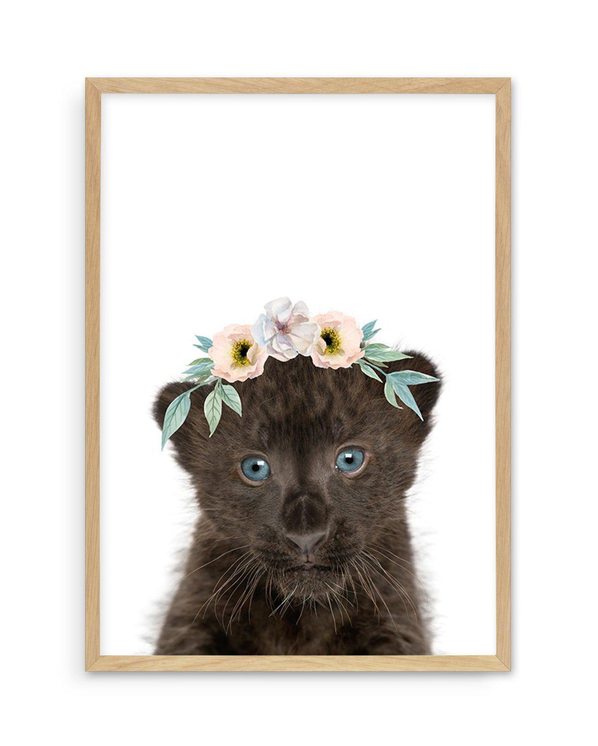 Little Black Leopard Cub | Flower Crown Art Print-PRINT-Olive et Oriel-Olive et Oriel-A5 | 5.8" x 8.3" | 14.8 x 21cm-Oak-With White Border-Buy-Australian-Art-Prints-Online-with-Olive-et-Oriel-Your-Artwork-Specialists-Austrailia-Decorate-With-Coastal-Photo-Wall-Art-Prints-From-Our-Beach-House-Artwork-Collection-Fine-Poster-and-Framed-Artwork