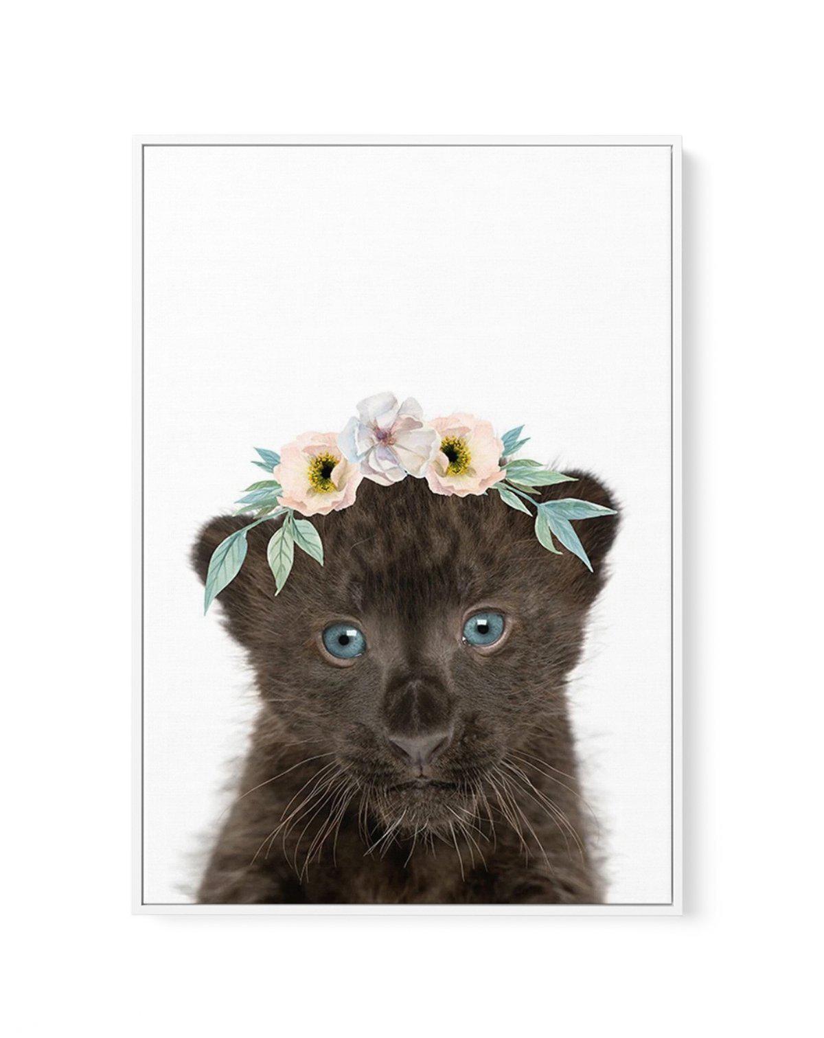 Little Black Leopard Cub | Flower Crown | Framed Canvas-CANVAS-You can shop wall art online with Olive et Oriel for everything from abstract art to fun kids wall art. Our beautiful modern art prints and canvas art are available from large canvas prints to wall art paintings and our proudly Australian artwork collection offers only the highest quality framed large wall art and canvas art Australia - You can buy fashion photography prints or Hampton print posters and paintings on canvas from Olive