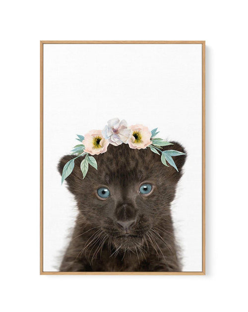 Little Black Leopard Cub | Flower Crown | Framed Canvas-CANVAS-You can shop wall art online with Olive et Oriel for everything from abstract art to fun kids wall art. Our beautiful modern art prints and canvas art are available from large canvas prints to wall art paintings and our proudly Australian artwork collection offers only the highest quality framed large wall art and canvas art Australia - You can buy fashion photography prints or Hampton print posters and paintings on canvas from Olive