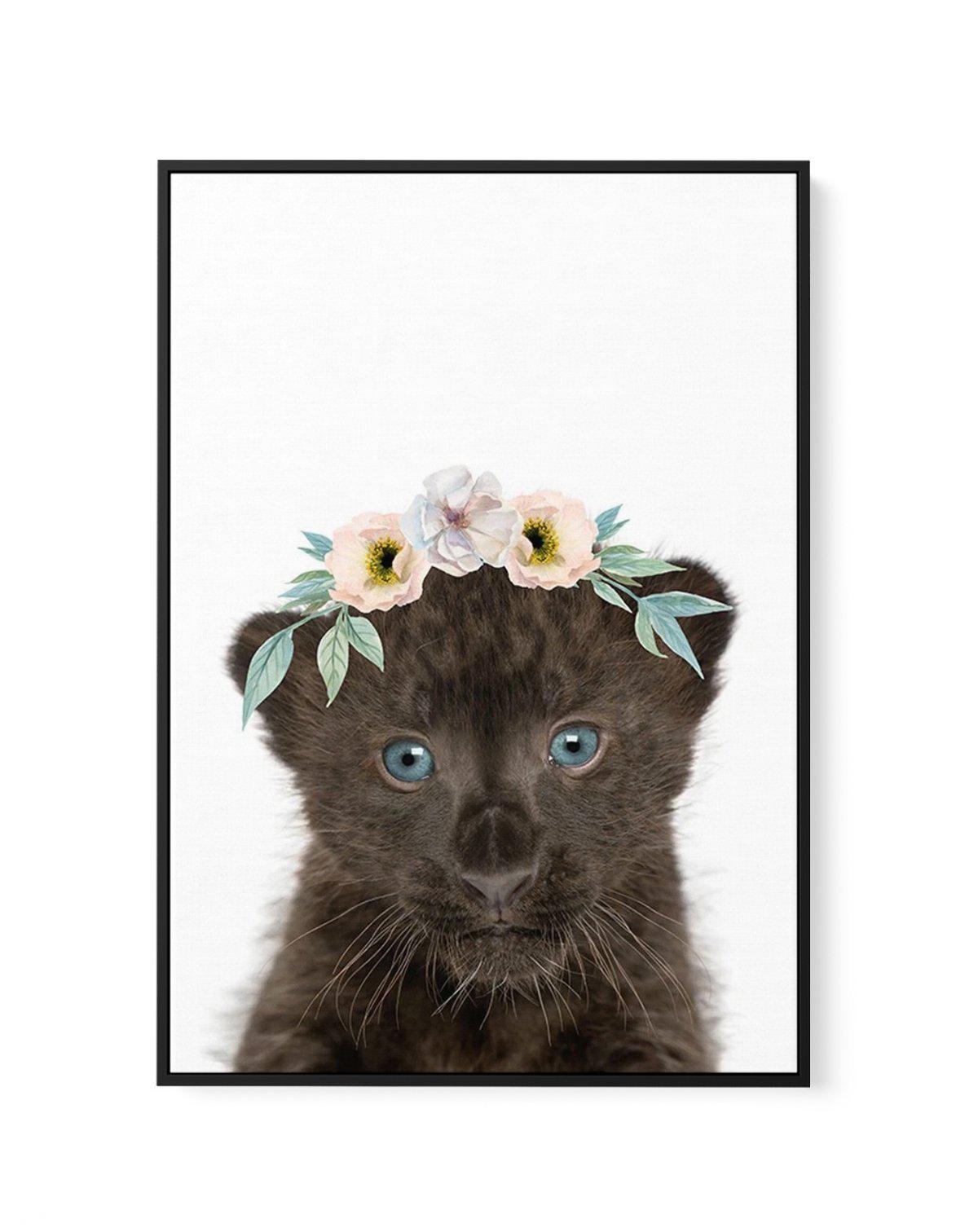 Little Black Leopard Cub | Flower Crown | Framed Canvas-CANVAS-You can shop wall art online with Olive et Oriel for everything from abstract art to fun kids wall art. Our beautiful modern art prints and canvas art are available from large canvas prints to wall art paintings and our proudly Australian artwork collection offers only the highest quality framed large wall art and canvas art Australia - You can buy fashion photography prints or Hampton print posters and paintings on canvas from Olive