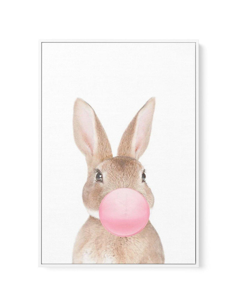 Little Bunny | Blowing Pink Bubble | Framed Canvas-CANVAS-You can shop wall art online with Olive et Oriel for everything from abstract art to fun kids wall art. Our beautiful modern art prints and canvas art are available from large canvas prints to wall art paintings and our proudly Australian artwork collection offers only the highest quality framed large wall art and canvas art Australia - You can buy fashion photography prints or Hampton print posters and paintings on canvas from Olive et O