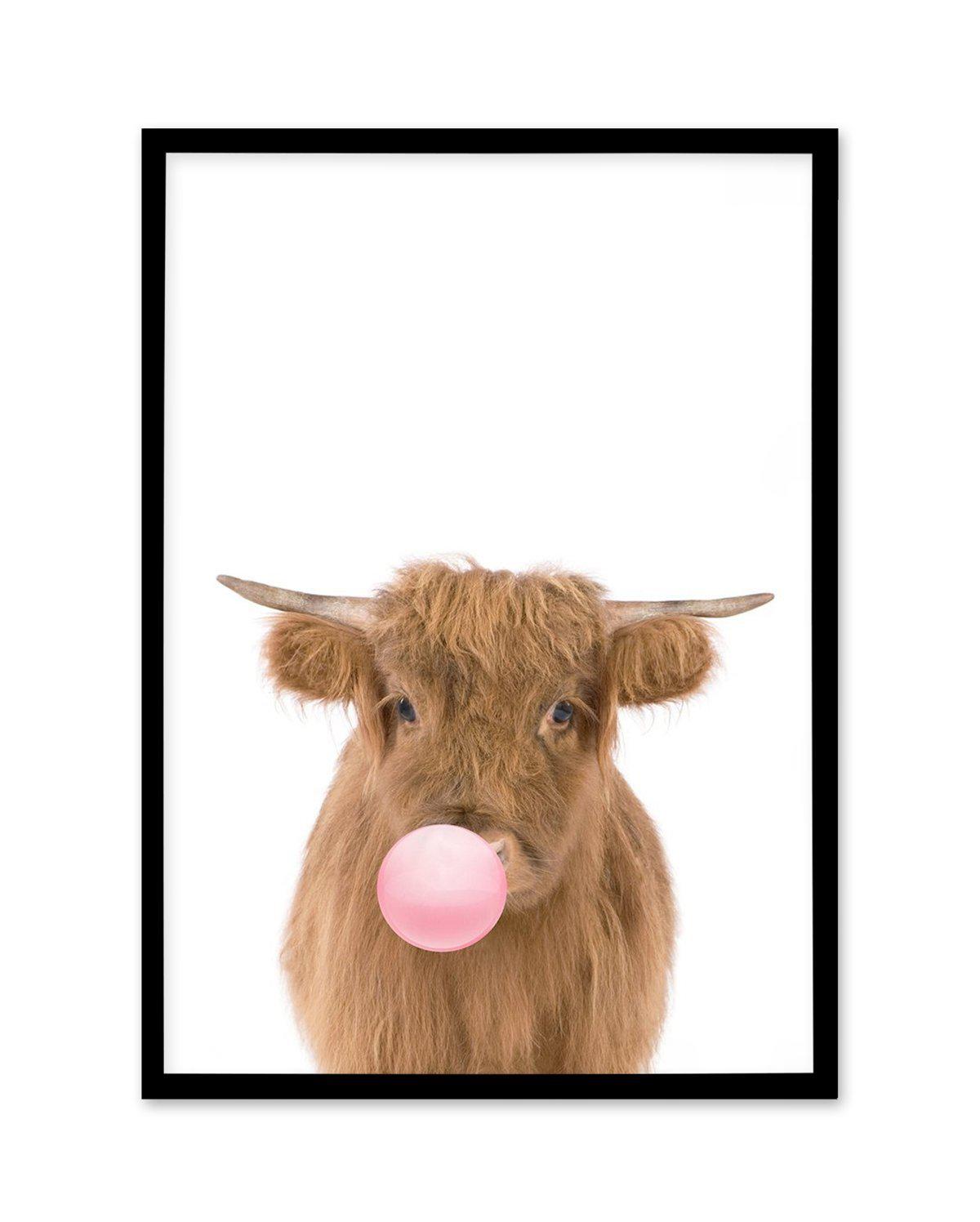 Little Highlander Cow | Blowing Pink Bubble Art Print-PRINT-Olive et Oriel-Olive et Oriel-A5 | 5.8" x 8.3" | 14.8 x 21cm-Black-With White Border-Buy-Australian-Art-Prints-Online-with-Olive-et-Oriel-Your-Artwork-Specialists-Austrailia-Decorate-With-Coastal-Photo-Wall-Art-Prints-From-Our-Beach-House-Artwork-Collection-Fine-Poster-and-Framed-Artwork