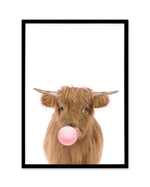 Little Highlander Cow | Blowing Pink Bubble Art Print-PRINT-Olive et Oriel-Olive et Oriel-A5 | 5.8" x 8.3" | 14.8 x 21cm-Black-With White Border-Buy-Australian-Art-Prints-Online-with-Olive-et-Oriel-Your-Artwork-Specialists-Austrailia-Decorate-With-Coastal-Photo-Wall-Art-Prints-From-Our-Beach-House-Artwork-Collection-Fine-Poster-and-Framed-Artwork