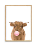 Little Highlander Cow | Blowing Pink Bubble Art Print-PRINT-Olive et Oriel-Olive et Oriel-A5 | 5.8" x 8.3" | 14.8 x 21cm-Oak-With White Border-Buy-Australian-Art-Prints-Online-with-Olive-et-Oriel-Your-Artwork-Specialists-Austrailia-Decorate-With-Coastal-Photo-Wall-Art-Prints-From-Our-Beach-House-Artwork-Collection-Fine-Poster-and-Framed-Artwork