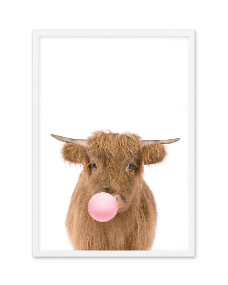 Little Highlander Cow | Blowing Pink Bubble Art Print-PRINT-Olive et Oriel-Olive et Oriel-A5 | 5.8" x 8.3" | 14.8 x 21cm-White-With White Border-Buy-Australian-Art-Prints-Online-with-Olive-et-Oriel-Your-Artwork-Specialists-Austrailia-Decorate-With-Coastal-Photo-Wall-Art-Prints-From-Our-Beach-House-Artwork-Collection-Fine-Poster-and-Framed-Artwork