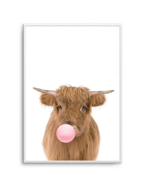 Little Highlander Cow | Blowing Pink Bubble Art Print-PRINT-Olive et Oriel-Olive et Oriel-A5 | 5.8" x 8.3" | 14.8 x 21cm-Unframed Art Print-With White Border-Buy-Australian-Art-Prints-Online-with-Olive-et-Oriel-Your-Artwork-Specialists-Austrailia-Decorate-With-Coastal-Photo-Wall-Art-Prints-From-Our-Beach-House-Artwork-Collection-Fine-Poster-and-Framed-Artwork