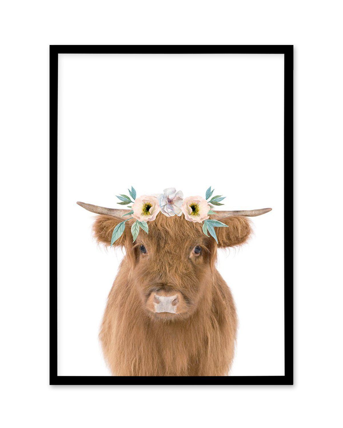 Little Highlander Cow | Flower Crown Art Print-PRINT-Olive et Oriel-Olive et Oriel-A5 | 5.8" x 8.3" | 14.8 x 21cm-Black-With White Border-Buy-Australian-Art-Prints-Online-with-Olive-et-Oriel-Your-Artwork-Specialists-Austrailia-Decorate-With-Coastal-Photo-Wall-Art-Prints-From-Our-Beach-House-Artwork-Collection-Fine-Poster-and-Framed-Artwork