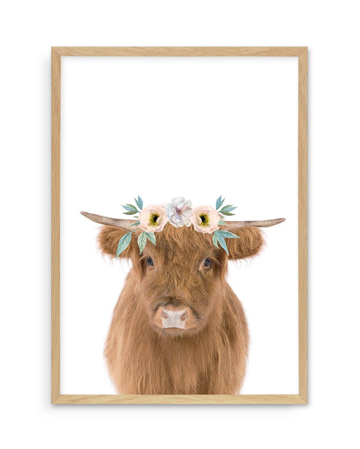 Little Highlander Cow | Flower Crown Art Print-PRINT-Olive et Oriel-Olive et Oriel-A5 | 5.8" x 8.3" | 14.8 x 21cm-Oak-With White Border-Buy-Australian-Art-Prints-Online-with-Olive-et-Oriel-Your-Artwork-Specialists-Austrailia-Decorate-With-Coastal-Photo-Wall-Art-Prints-From-Our-Beach-House-Artwork-Collection-Fine-Poster-and-Framed-Artwork