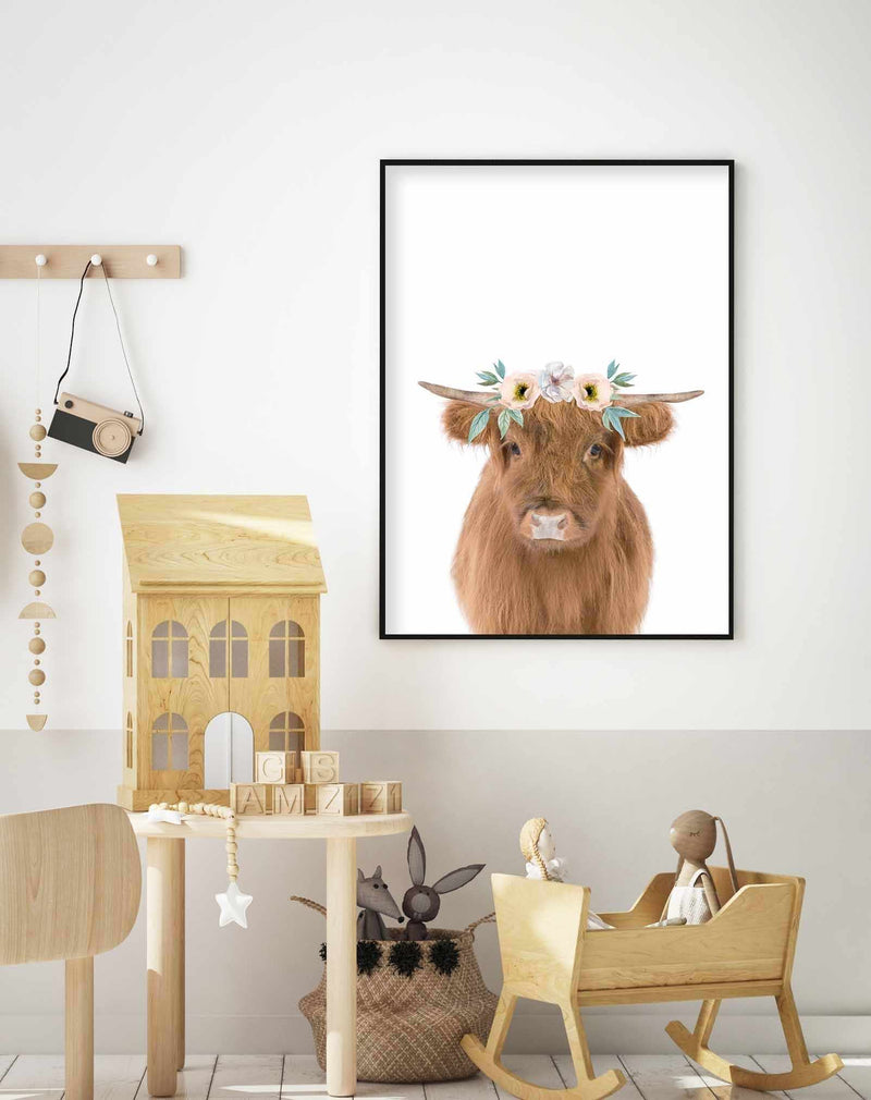Little Highlander Cow | Flower Crown Art Print-PRINT-Olive et Oriel-Olive et Oriel-Buy-Australian-Art-Prints-Online-with-Olive-et-Oriel-Your-Artwork-Specialists-Austrailia-Decorate-With-Coastal-Photo-Wall-Art-Prints-From-Our-Beach-House-Artwork-Collection-Fine-Poster-and-Framed-Artwork