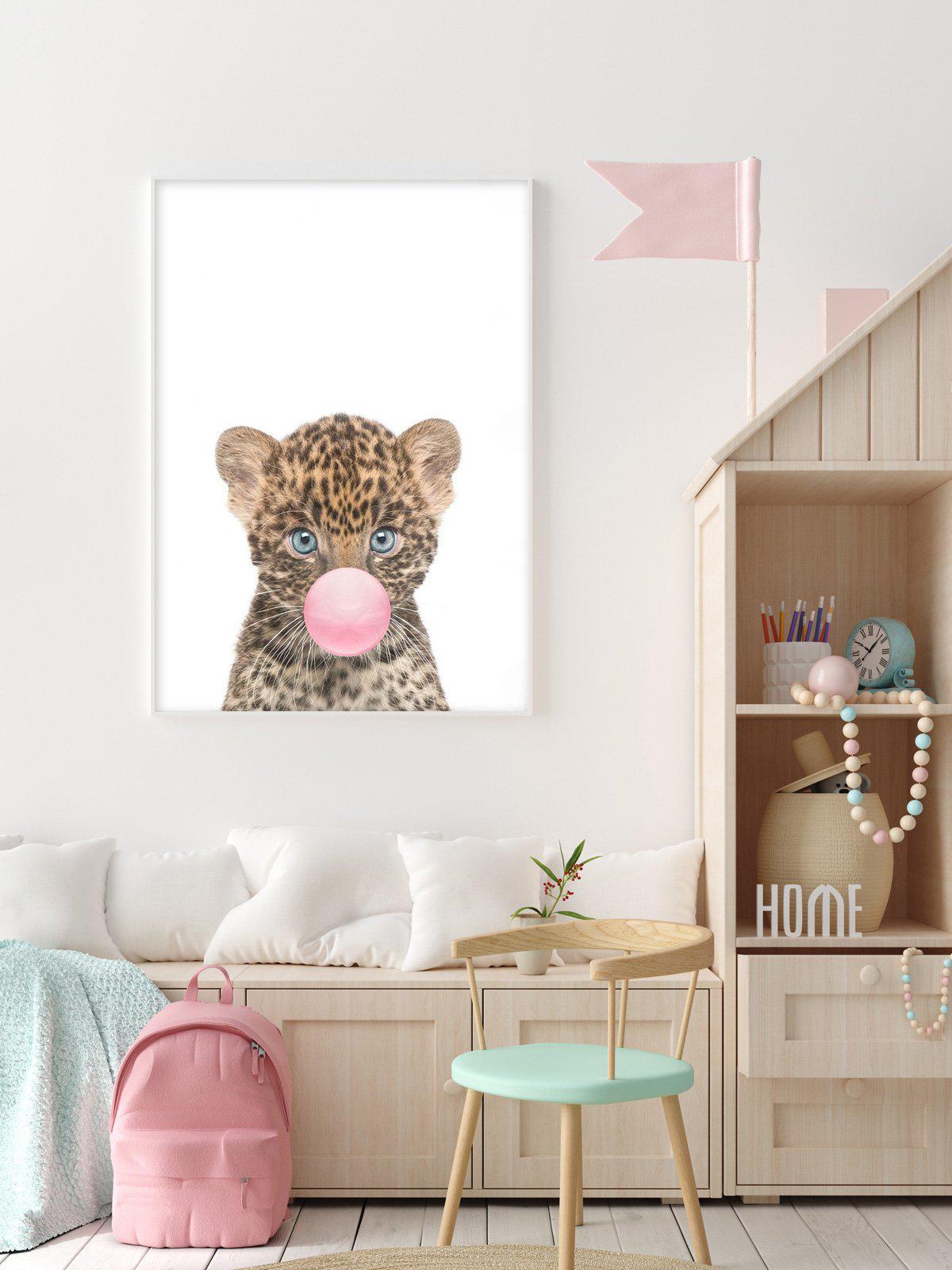 Little Leopard Cub | Blowing Pink Bubble Art Print-PRINT-Olive et Oriel-Olive et Oriel-Buy-Australian-Art-Prints-Online-with-Olive-et-Oriel-Your-Artwork-Specialists-Austrailia-Decorate-With-Coastal-Photo-Wall-Art-Prints-From-Our-Beach-House-Artwork-Collection-Fine-Poster-and-Framed-Artwork