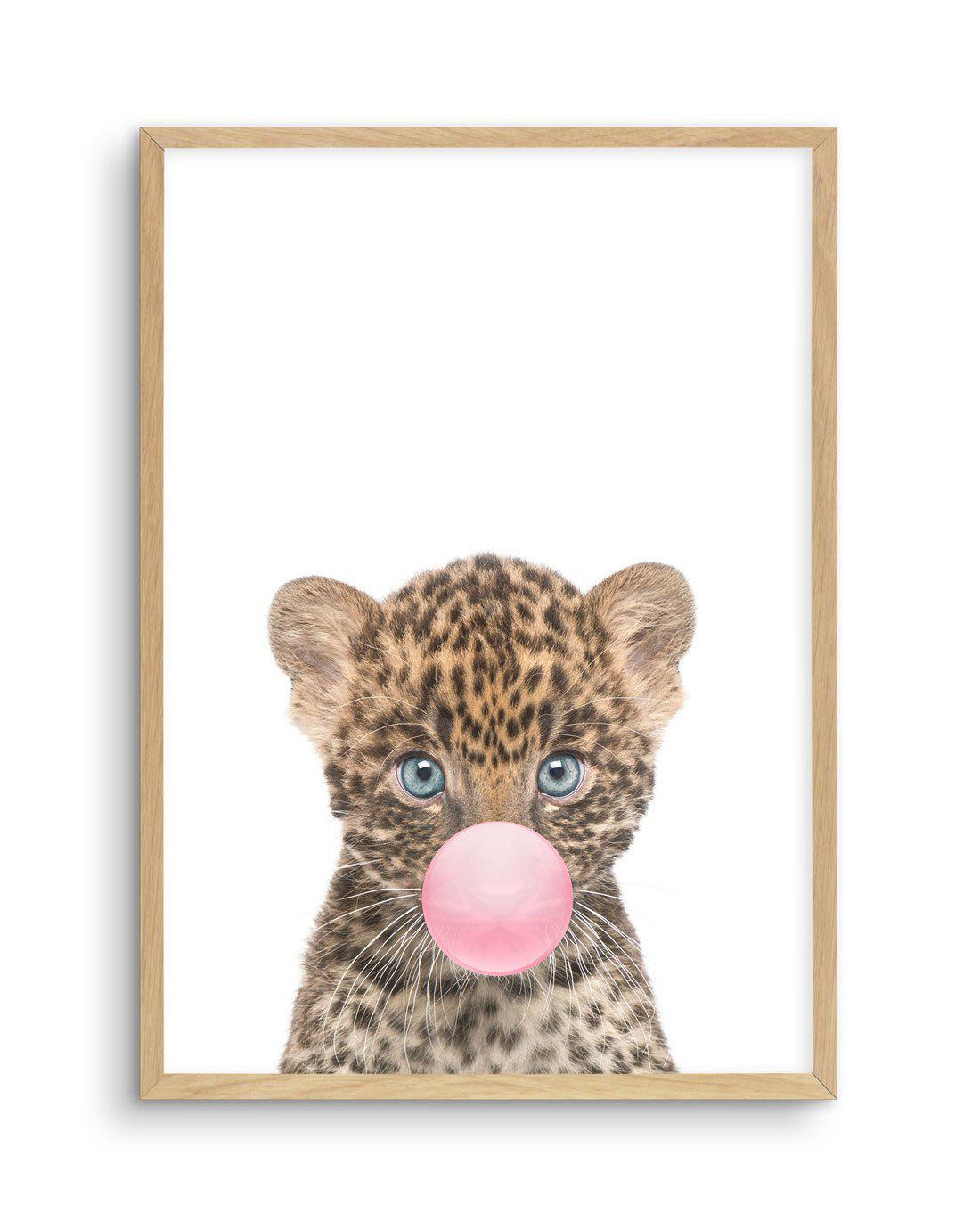 Little Leopard Cub | Blowing Pink Bubble Art Print-PRINT-Olive et Oriel-Olive et Oriel-A5 | 5.8" x 8.3" | 14.8 x 21cm-Oak-With White Border-Buy-Australian-Art-Prints-Online-with-Olive-et-Oriel-Your-Artwork-Specialists-Austrailia-Decorate-With-Coastal-Photo-Wall-Art-Prints-From-Our-Beach-House-Artwork-Collection-Fine-Poster-and-Framed-Artwork