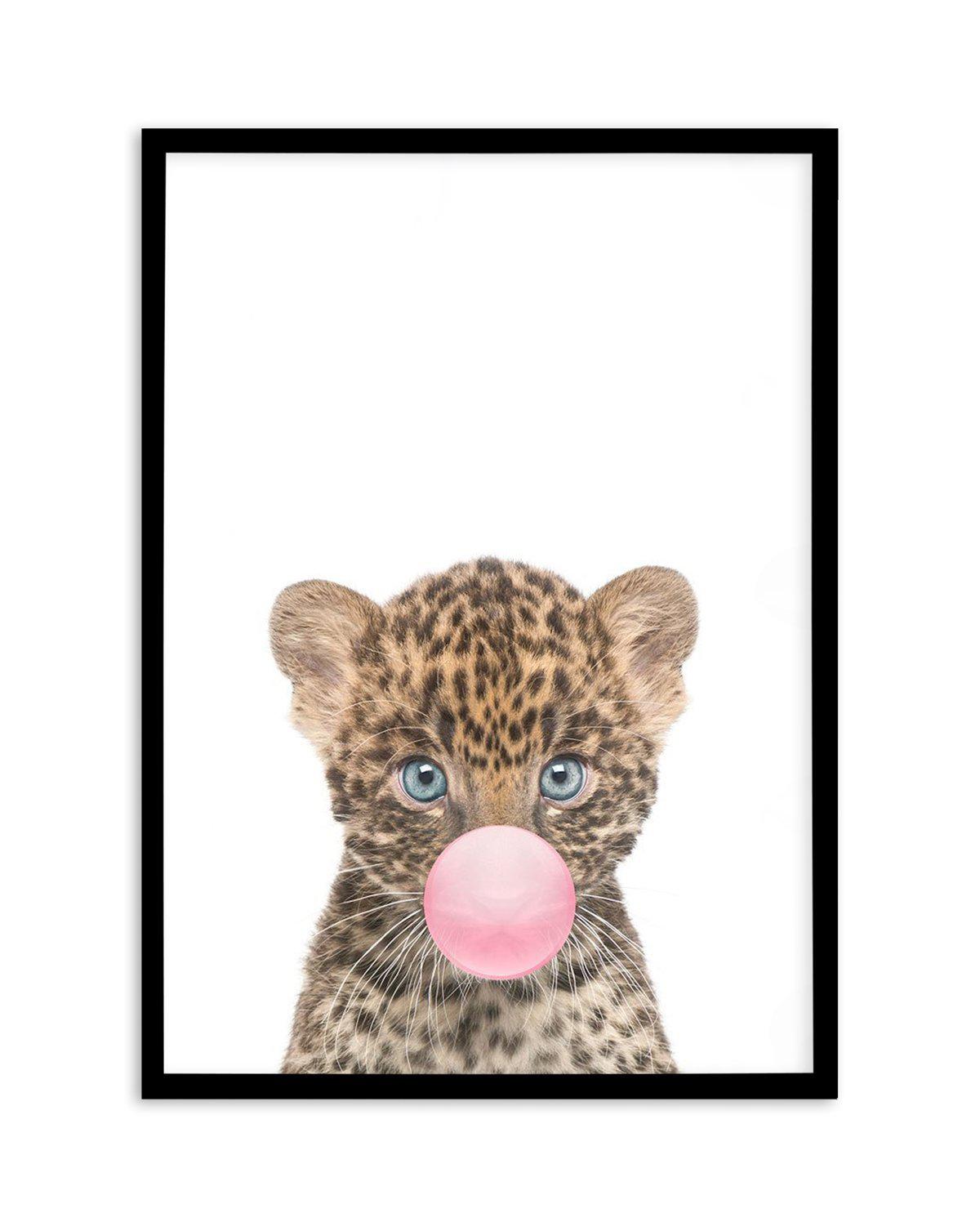 Little Leopard Cub | Blowing Pink Bubble Art Print-PRINT-Olive et Oriel-Olive et Oriel-A5 | 5.8" x 8.3" | 14.8 x 21cm-Black-With White Border-Buy-Australian-Art-Prints-Online-with-Olive-et-Oriel-Your-Artwork-Specialists-Austrailia-Decorate-With-Coastal-Photo-Wall-Art-Prints-From-Our-Beach-House-Artwork-Collection-Fine-Poster-and-Framed-Artwork