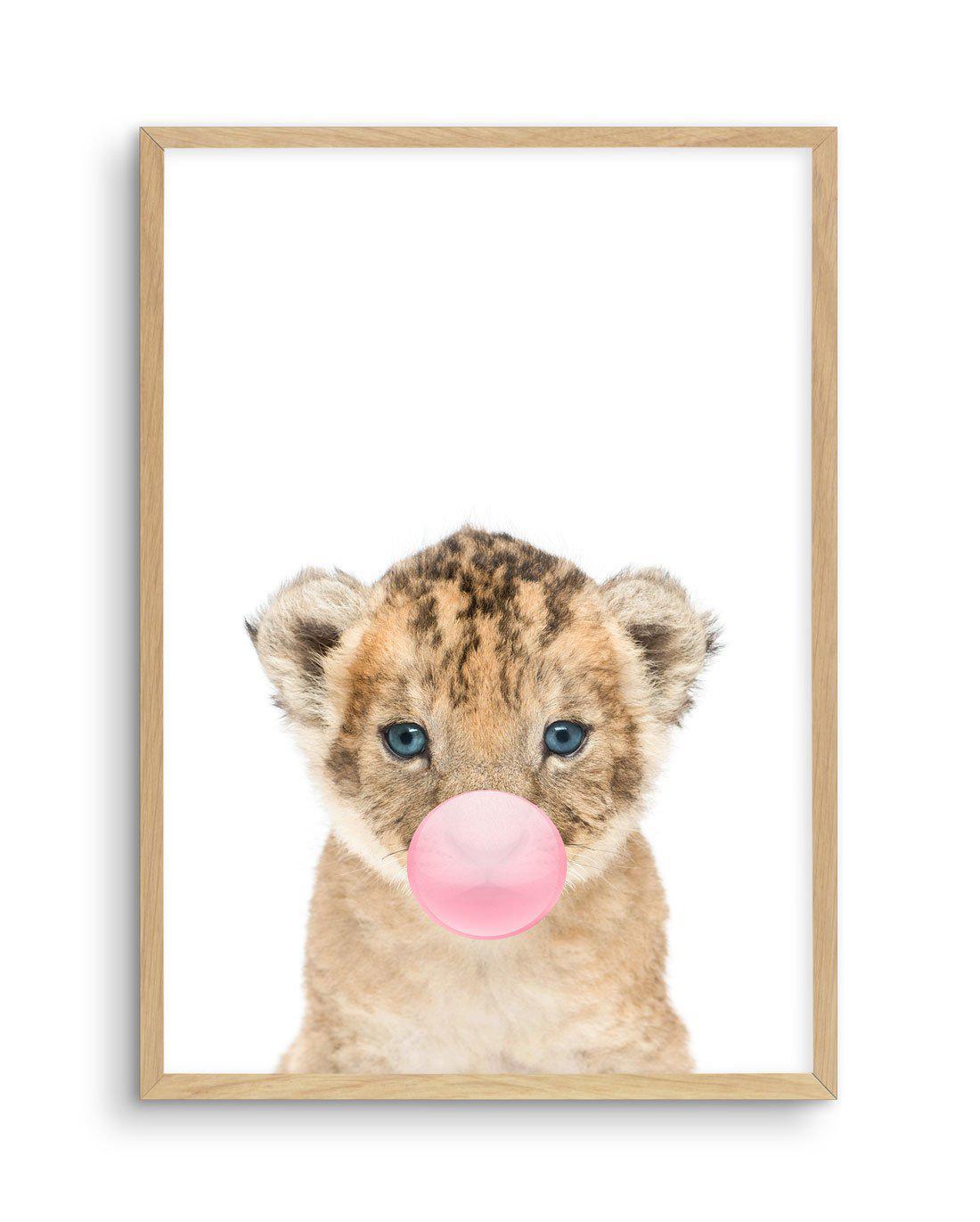 Little Lion Cub | Blowing Pink Bubble Art Print-PRINT-Olive et Oriel-Olive et Oriel-A5 | 5.8" x 8.3" | 14.8 x 21cm-Oak-With White Border-Buy-Australian-Art-Prints-Online-with-Olive-et-Oriel-Your-Artwork-Specialists-Austrailia-Decorate-With-Coastal-Photo-Wall-Art-Prints-From-Our-Beach-House-Artwork-Collection-Fine-Poster-and-Framed-Artwork