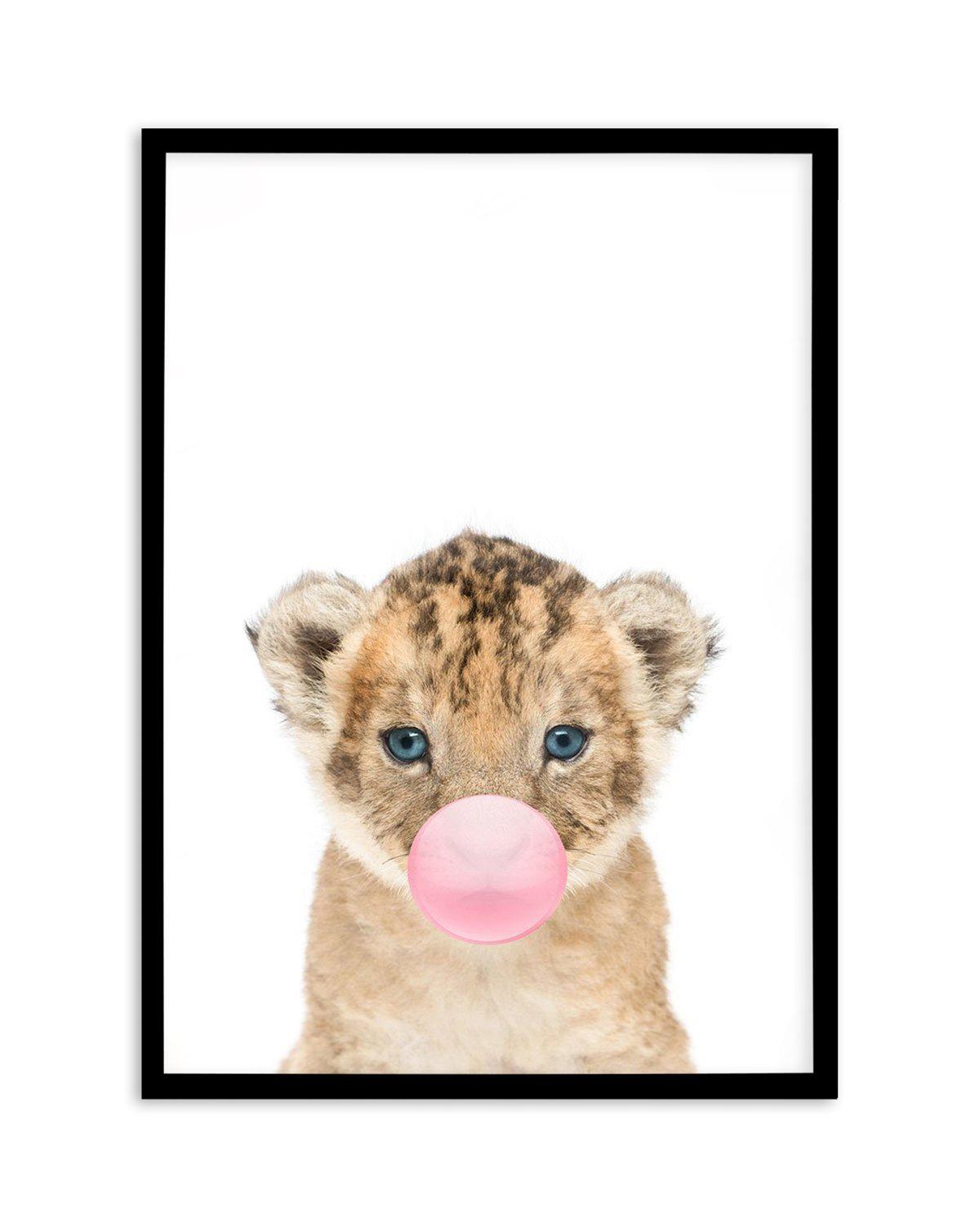 Little Lion Cub | Blowing Pink Bubble Art Print-PRINT-Olive et Oriel-Olive et Oriel-A5 | 5.8" x 8.3" | 14.8 x 21cm-Black-With White Border-Buy-Australian-Art-Prints-Online-with-Olive-et-Oriel-Your-Artwork-Specialists-Austrailia-Decorate-With-Coastal-Photo-Wall-Art-Prints-From-Our-Beach-House-Artwork-Collection-Fine-Poster-and-Framed-Artwork